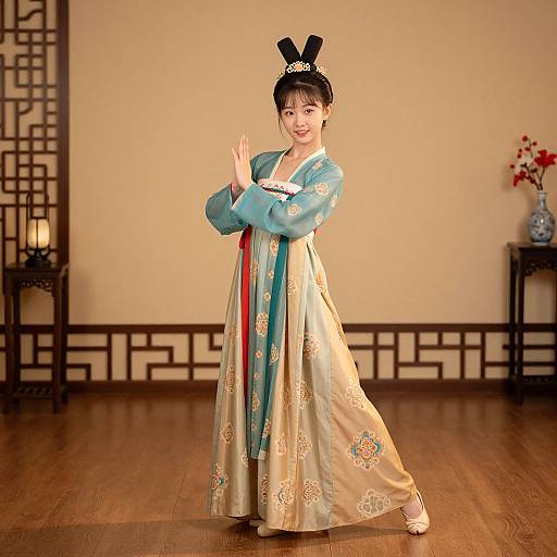 Asian woman in traditional blue and gold Korean hanbok with black bow hair accessory, standing in wooden room, hands clasped.