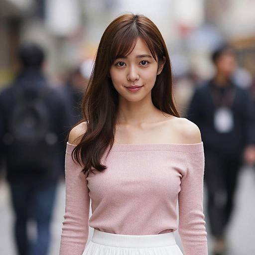 Photograph of an Asian woman with long brown hair, wearing a pink off-shoulder sweater and white skirt, standing in a blurred urban street background