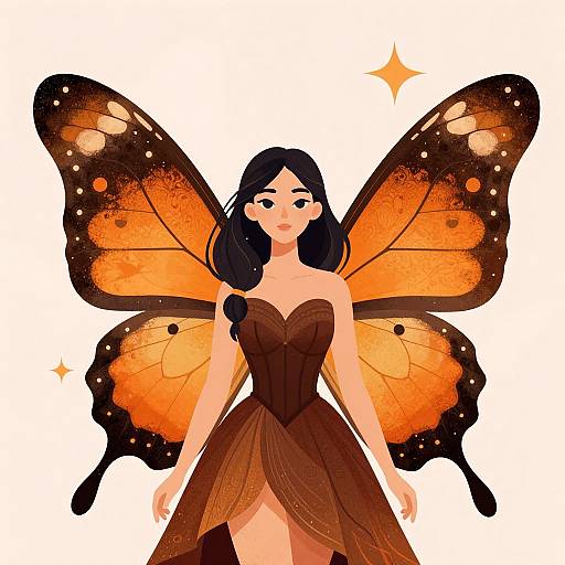 Digital illustration of a fair-skinned woman with long black hair, wearing a brown strapless dress, and large, orange and black butterfly wings, against