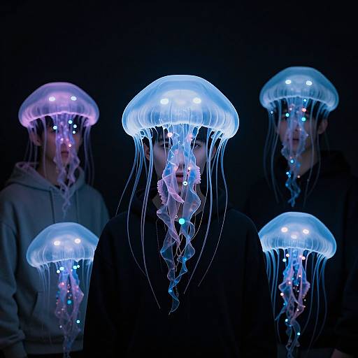 Photograph of four glowing, bioluminescent jellyfish with blue and purple lights, against a dark background, with two people in hoodies standing
