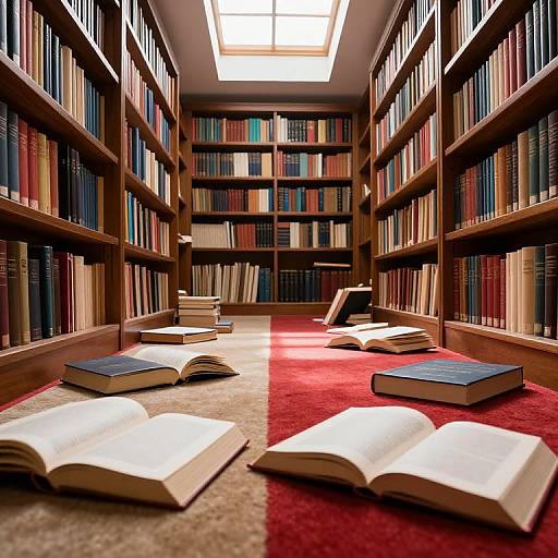 Photograph of a library aisle with wooden bookshelves, red carpet, and open books scattered on the floor, under a bright skylight.