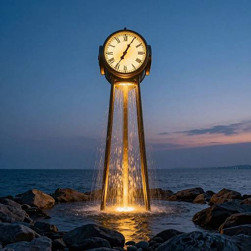 Photograph of a clock with flowing water instead of a base, illuminated against a twilight ocean background with rocks.