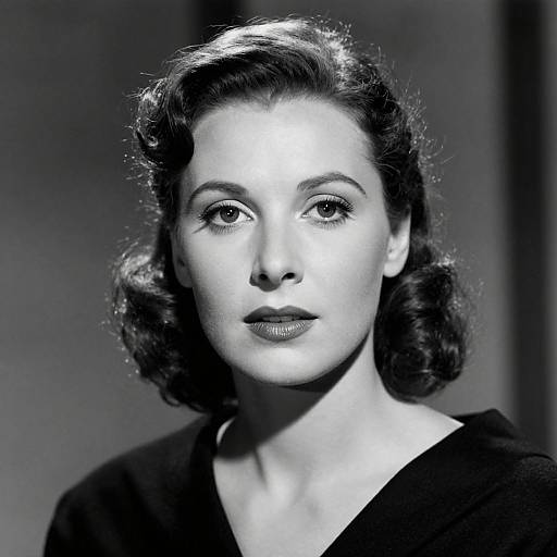Black-and-white photograph of a 1940s-style woman with short, wavy dark hair, wearing a black top, gazing directly at the
