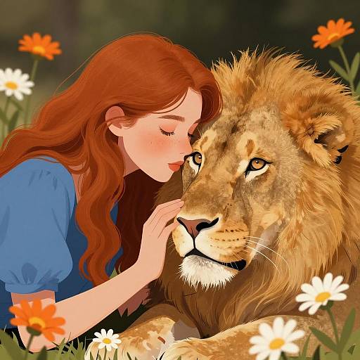 Young Woman with Lion in Floral Setting