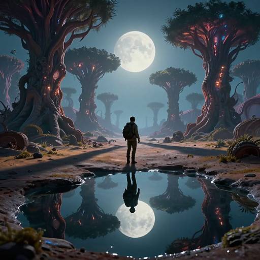 Digital fantasy artwork: Silhouetted figure with backpack stands in moonlit forest, reflecting in puddle, surrounded by glowing, twisted trees. Full