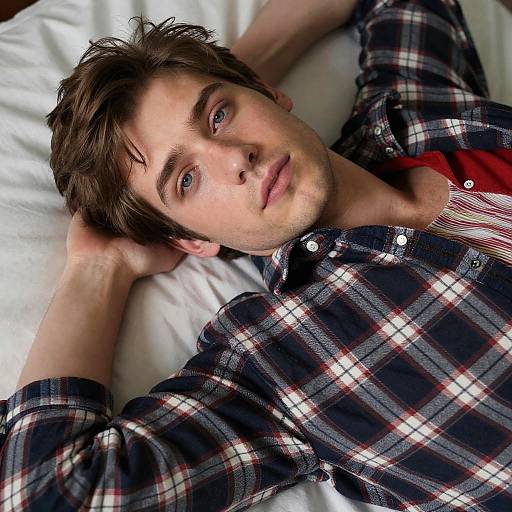 Photograph of a young man with tousled brown hair, blue eyes, wearing a black and red plaid shirt, lying on a white bed,