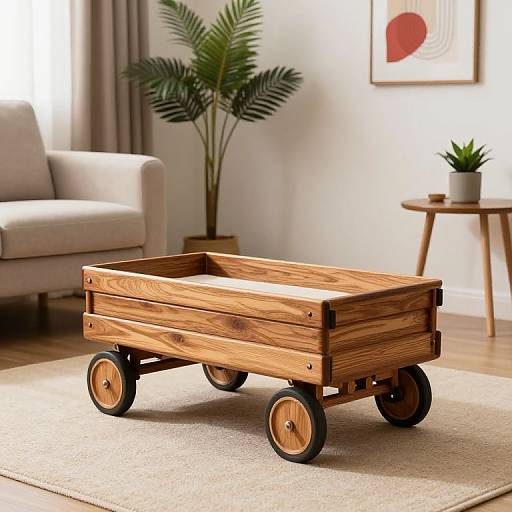 Photograph of a rustic, wooden, four-wheeled toy cart with black wheels, set in a bright, modern living room.