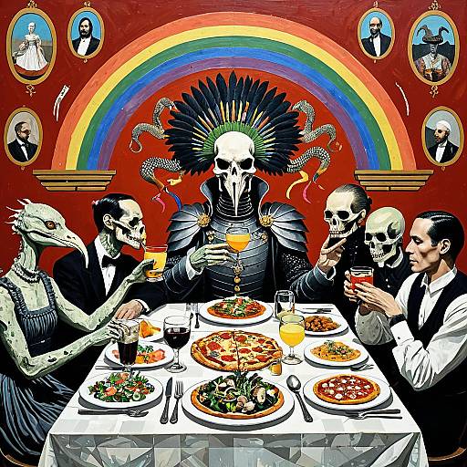 Surreal Feast with Armored Zombie and Alien Figures