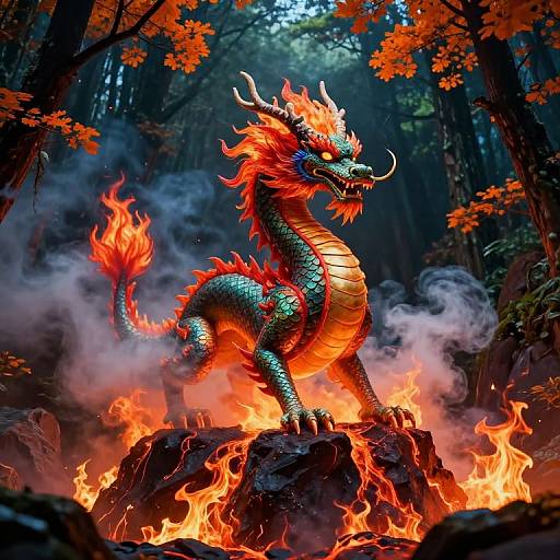 Fiery Oriental Dragon in Volcanic Landscape