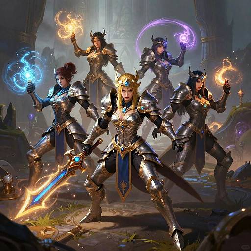 Digital art of five female warriors in medieval armor, each wielding magical elements; glowing swords, blue and purple spells, in a mystical forest.