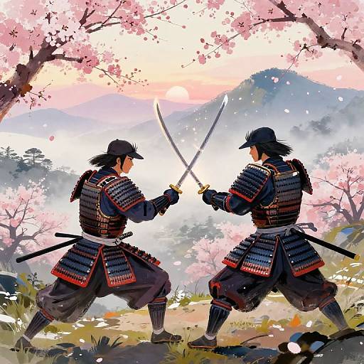 Two samurai duel with swords under pink cherry blossoms, wearing traditional black armor with red accents, amidst a serene mountain landscape.