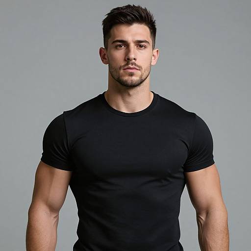 Photograph of a muscular, handsome man with short dark hair, light skin, and trimmed beard, wearing a tight black t-shirt, against a plain