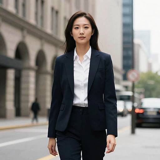Photograph of an Asian woman in a black suit and white shirt walking confidently on a city street, with blurred buildings and cars in the background.