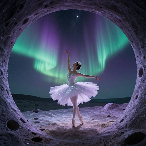 Ballerina in sparkling white tutu dances under vibrant Northern Lights through a rocky circular arch, illuminated by ethereal green and purple auroras.