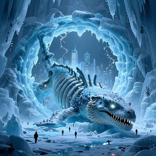 Digital art: A massive, glowing blue dragon with sharp teeth and glowing eyes emerges from an icy cave, silhouetted cityscape in background,