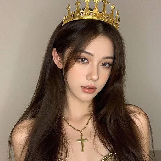 Photograph of an Asian woman with long black hair, wearing a gold crown and necklace with a cross, against a plain gray background.