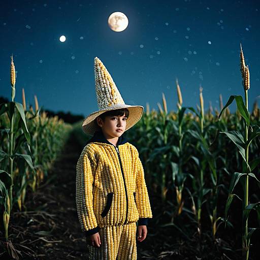 Boy in Corn Costume Under the Moon