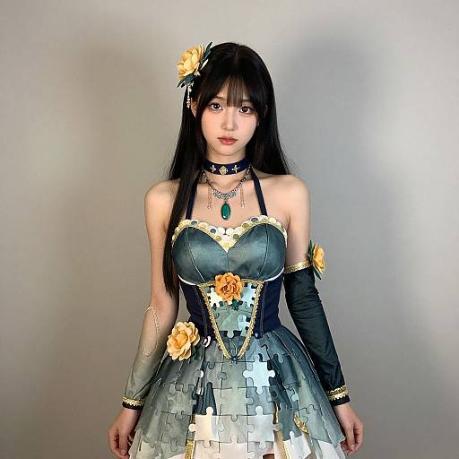 Photograph of an Asian woman with long black hair, wearing a blue, strapless, corset-style dress with orange roses and sequins, black