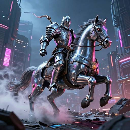 Digital art of a samurai in shiny, cybernetic armor riding a glowing, robotic horse through a neon-lit, futuristic cityscape.
