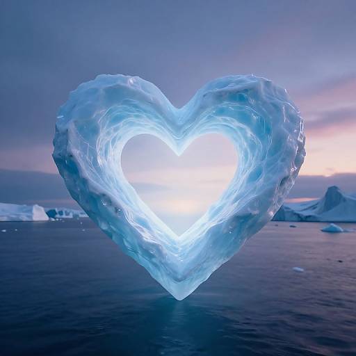 Photograph of a glowing, heart-shaped ice formation in a frozen ocean, with a bright, white light at its center and a twilight sky in the