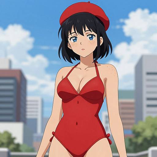 Stylized Anime Woman in Red Monokini