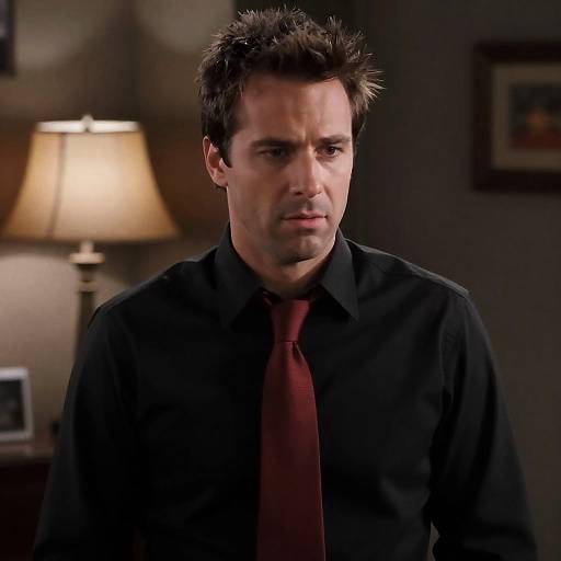 Serious man in black shirt and red tie