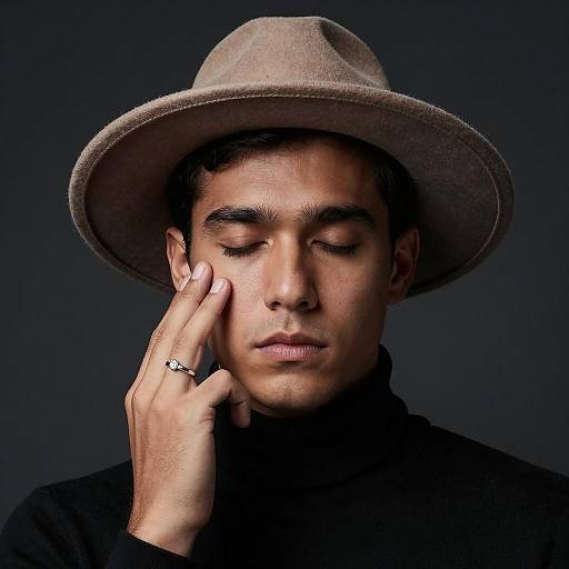 Man with Hat and Diamond Ring Touching Cheek