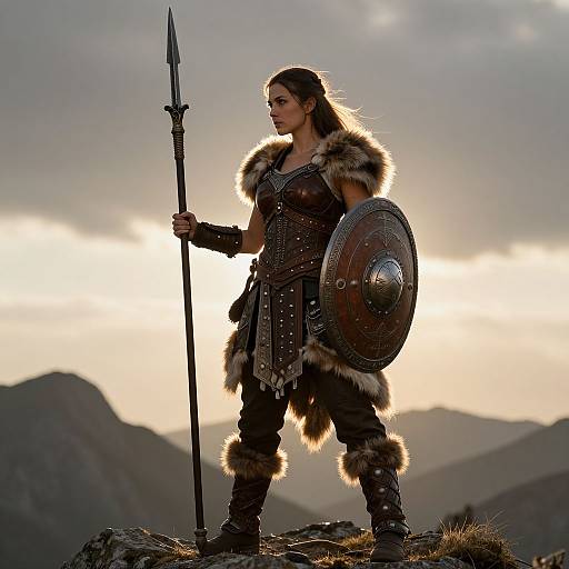 Photograph of a fierce, dark-haired warrior woman in fur-trimmed armor, holding a spear and shield, standing on a rocky mountain peak at