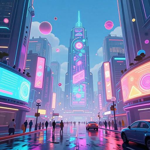 Neon-lit cyberpunk cityscape featuring a towering skyscraper with vibrant, glowing signs and floating orbs. Busy street with people, cars, and