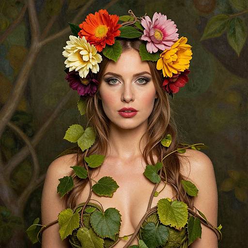 Photograph of a fair-skinned woman with blue eyes, wearing a colorful flower crown and leafy vine adornments, against a dark, leafy
