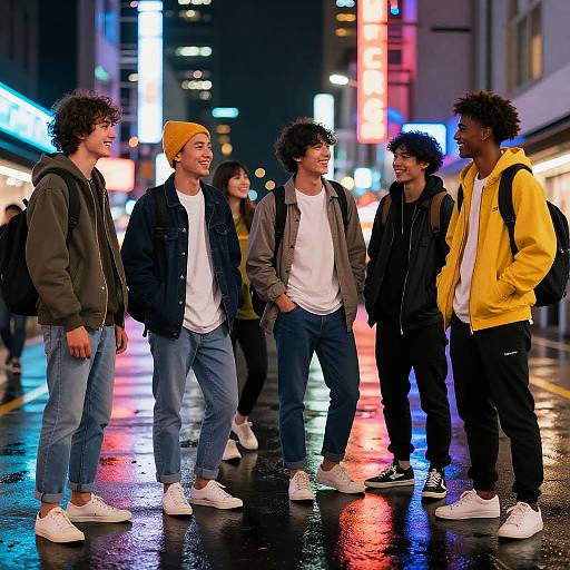 Photograph of five young men laughing on a neon-lit, wet city street at night, wearing casual clothing and colorful jackets.