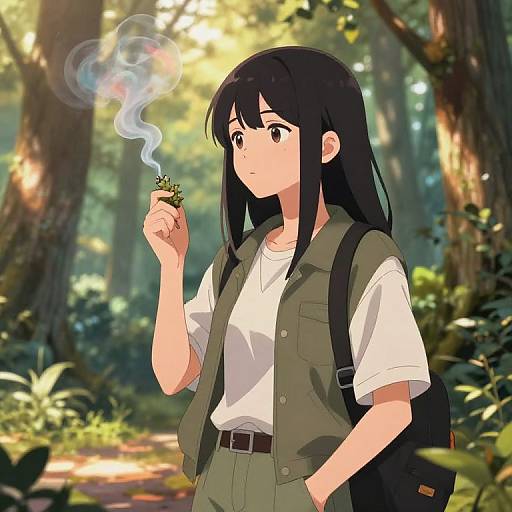Stylized Anime Girl Smoking in Forest