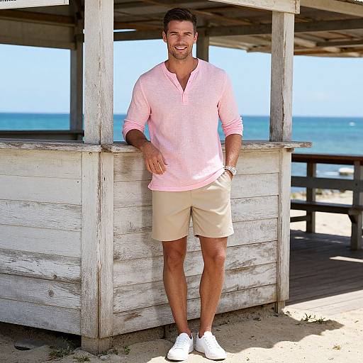Photograph of a handsome, tan-skinned man with short brown hair, wearing a pink long-sleeve shirt, beige shorts, and white sneakers