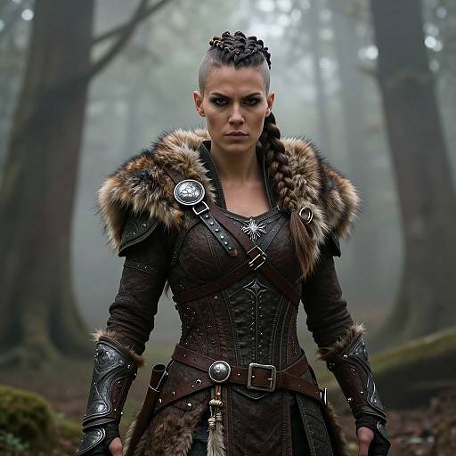 Photograph of a fierce, dark-haired woman in medieval fantasy armor with fur trim, standing in a misty forest, intense expression.