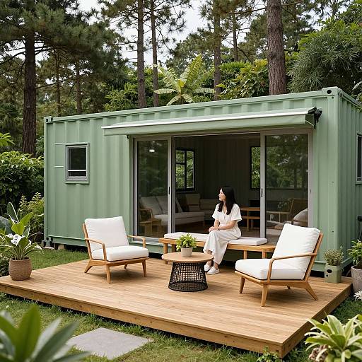 Photograph of a woman in white sitting on a wooden deck outside a green, modern tiny house with large windows, surrounded by lush trees and potted