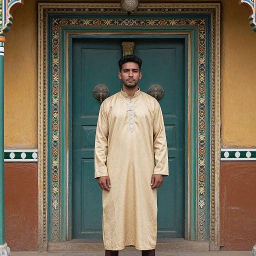 Man in Traditional Garment by Ornate Doorway