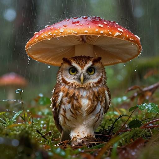 Photorealistic digital art: Brown owl with yellow eyes stands under a red-spotted mushroom umbrella, surrounded by raindrops and green moss in a forest