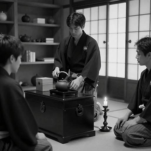 Traditional Japanese Scene in Black and White