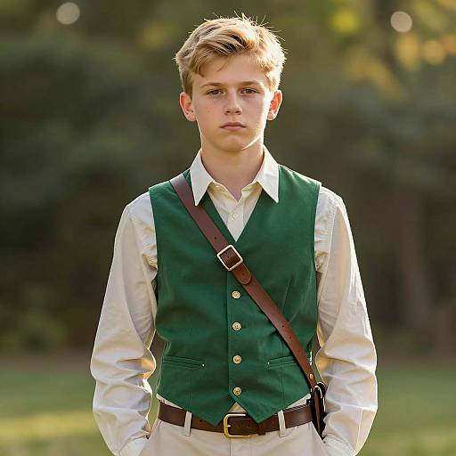 Young boy in green vest and cream shirt outdoors
