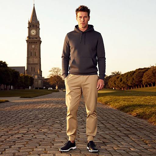 Photograph of a Caucasian man with short brown hair, wearing a black hoodie, beige pants, and black sneakers, standing on a cobblestone path