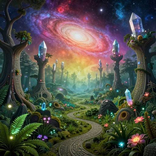 Digital fantasy artwork of a glowing, crystal-studded forest with a spiral galaxy in the sky, vibrant plants, and winding path.