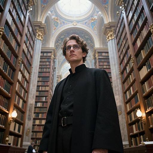 Photograph of a young man with curly hair, glasses, and black cloak, standing in a grand, illuminated library with tall bookshelves.