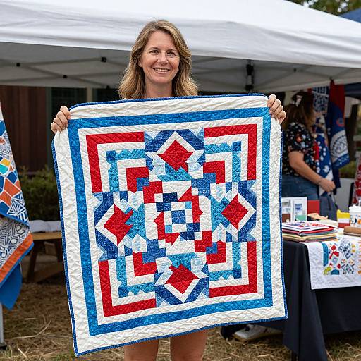 Woman Displaying Vibrant Geometric Quilt