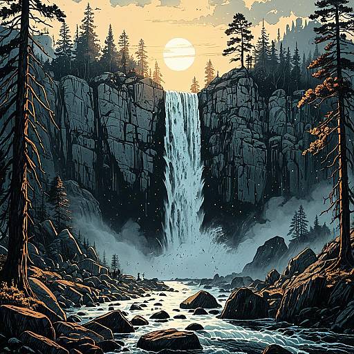 Vintage Engraved Waterfall at Dawn