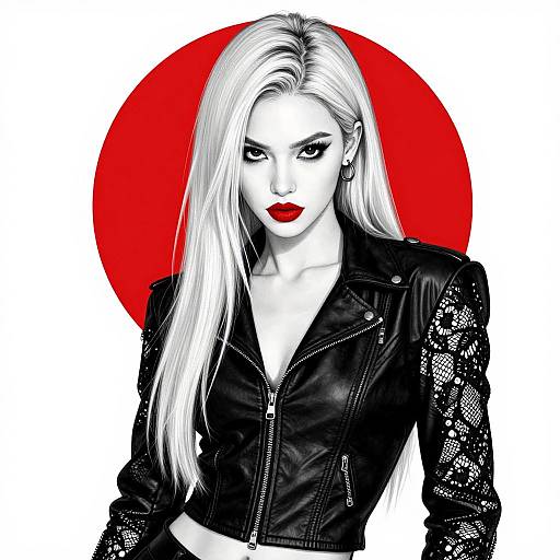 Digital artwork of a white-haired woman with red lips, wearing a black lace leather jacket, against a red circle background.