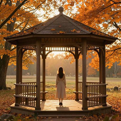 Photograph of a woman in a white dress standing in a wooden gazebo, back facing, surrounded by vibrant orange autumn leaves, sunlight filtering through.