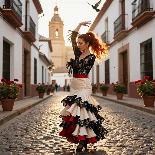 Photograph of a red-haired woman in a black lace and white ruffled skirt, standing on a cobblestone street at sunset, with potted