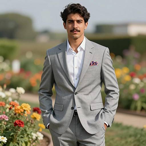 Young Man in Gray Plaid Suit in Garden
