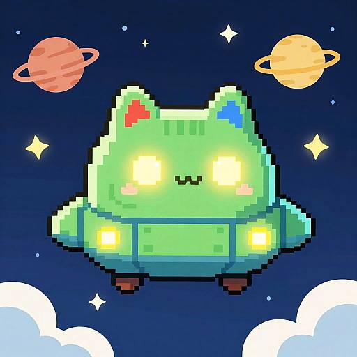 Pixelated Cat Spaceship in Starry Sky