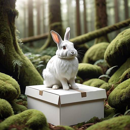 White Rabbit Sitting on Box in Mossy Forest